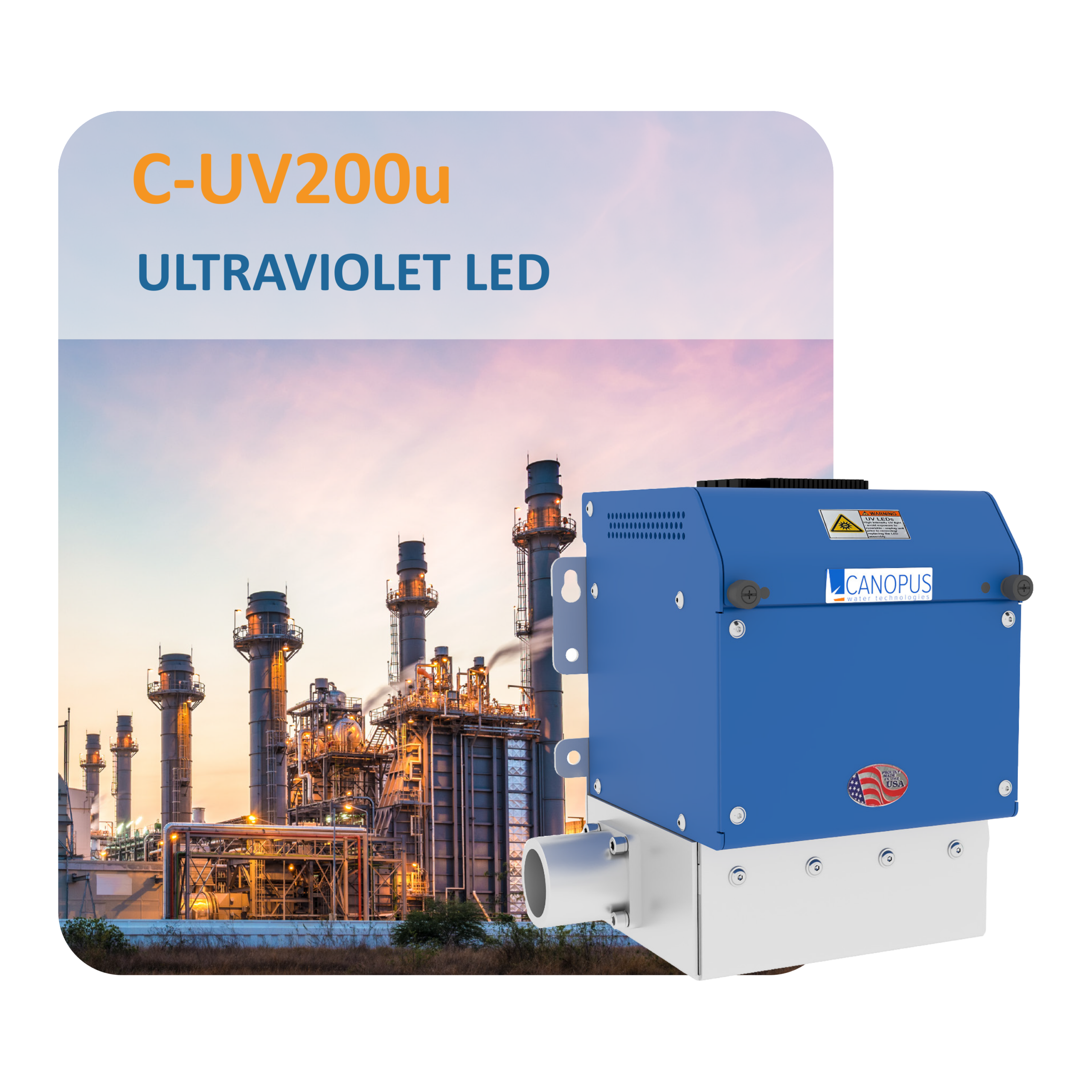Large blue industrial generator in the foreground at an oil refinery, with tall processing towers in the background.