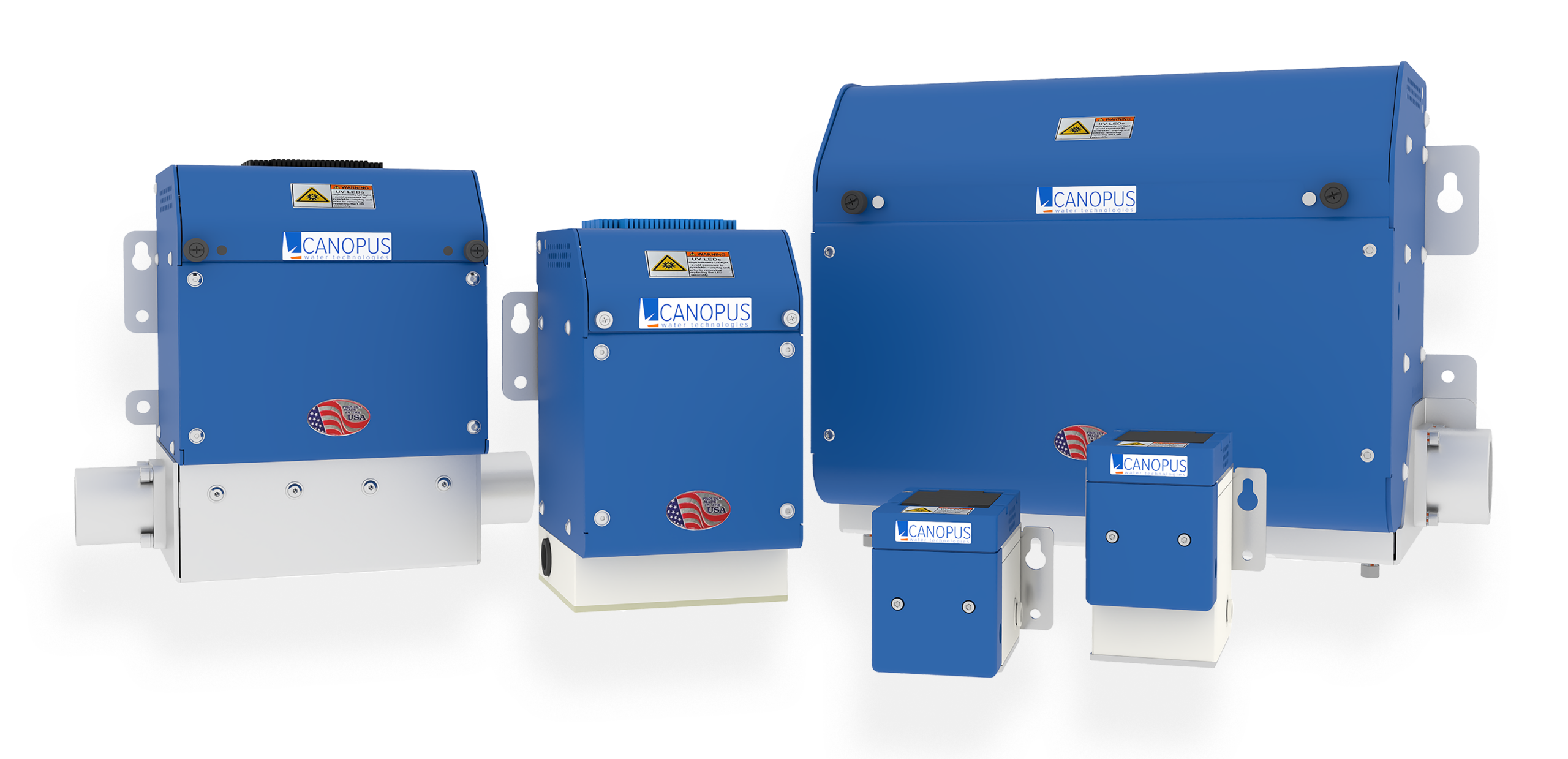 Group of blue Canopus industrial units mounted on metal brackets.