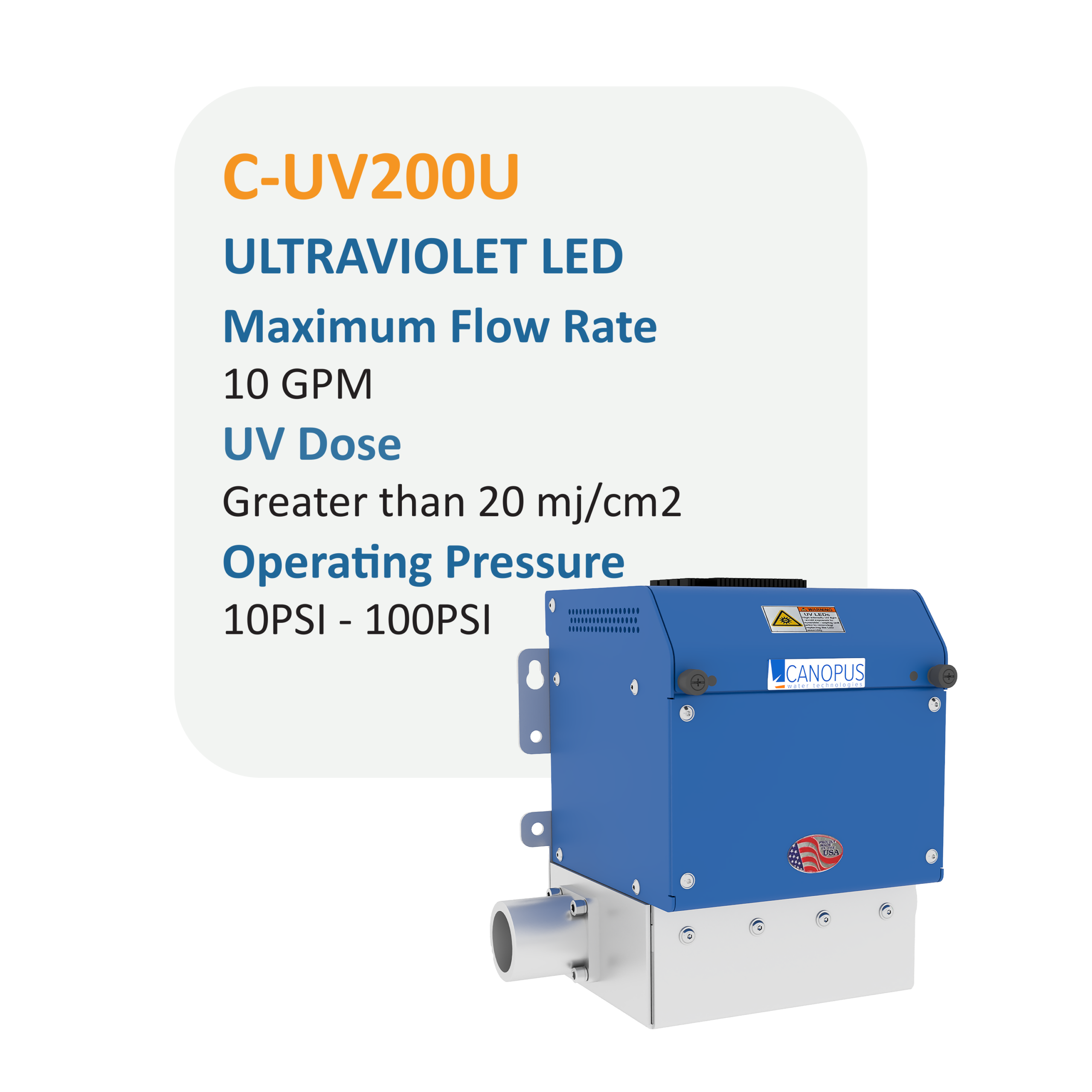 Blue Canopus UV curing device mounted on a white base with vents and warning label visible.